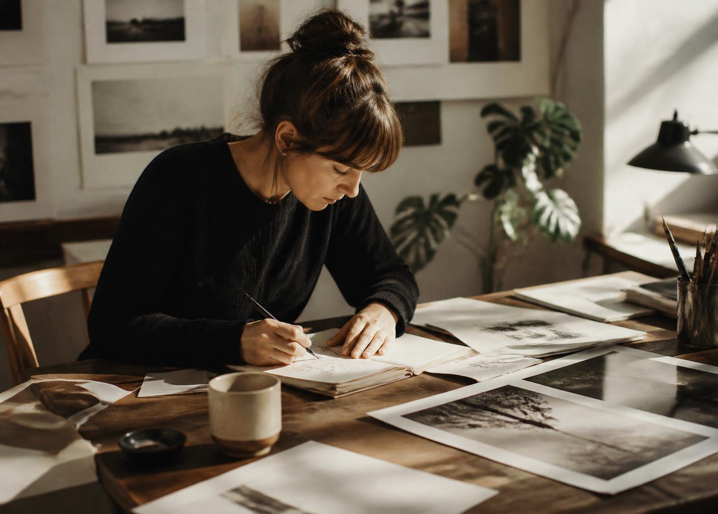 A woman sketching at a sunlit desk surrounded by prints