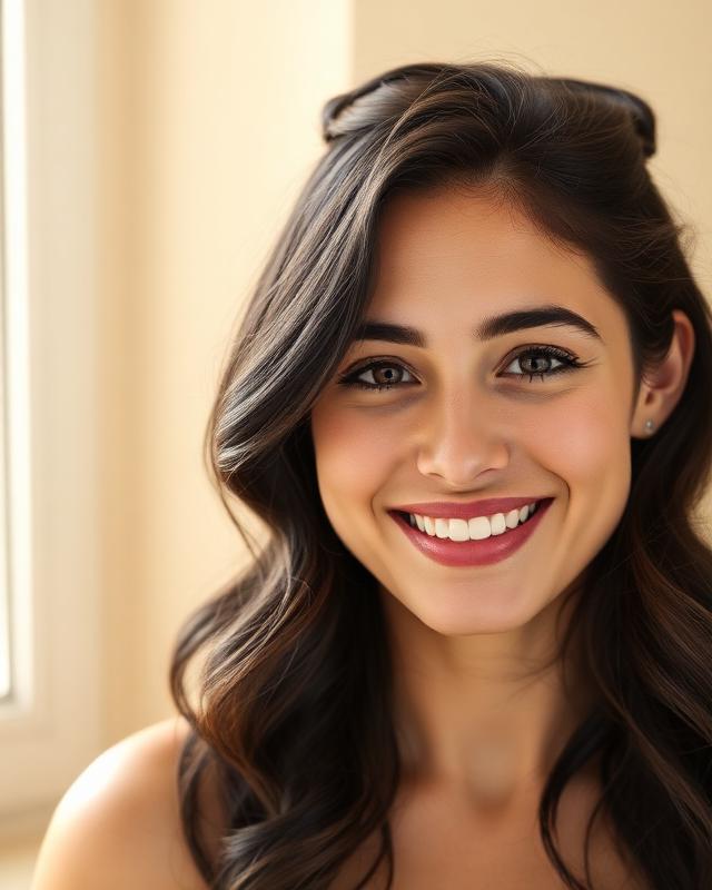 Woman with wavy dark hair and light freckles, smiling warmly