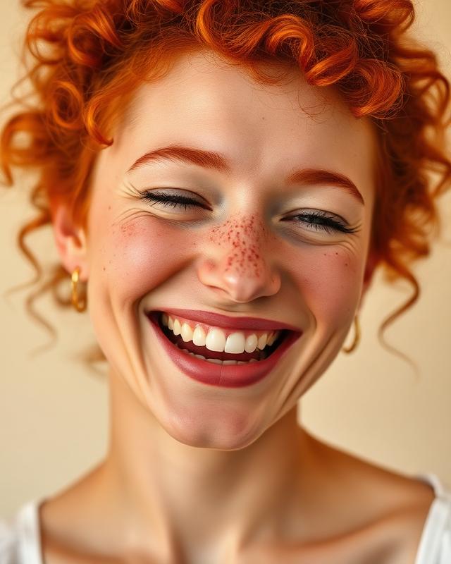 Woman with red curls and freckles, laughing freely
