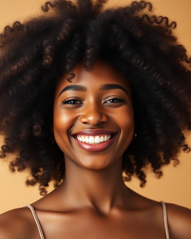 Woman with voluminous natural curls, laughing