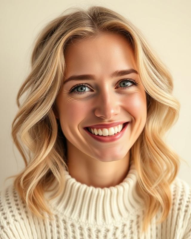 Woman with blonde waves in a cream sweater, smiling