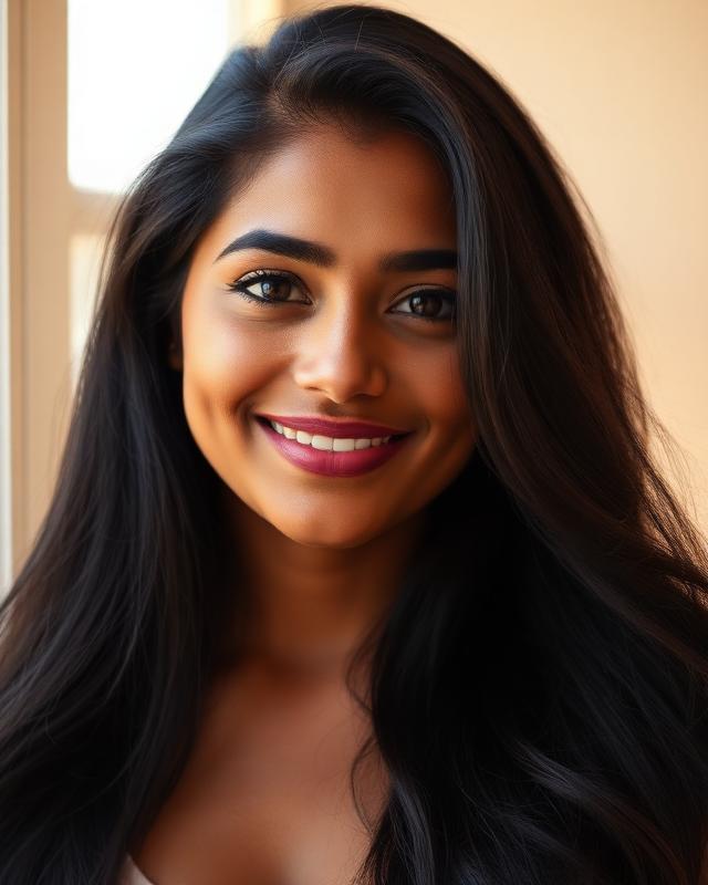 Woman with long dark hair and a quiet, confident smile