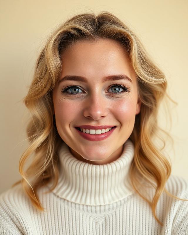Woman with sandy blonde waves in a cream turtleneck, smiling calmly