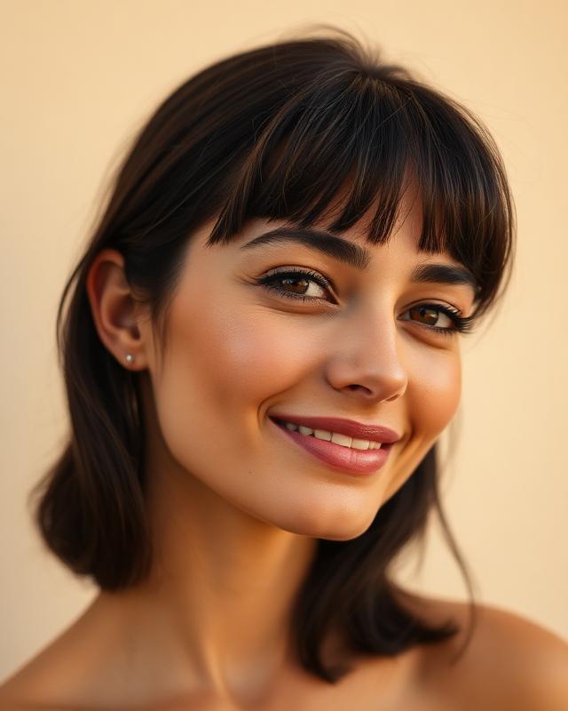 Woman with dark fringe bangs and a thoughtful smile