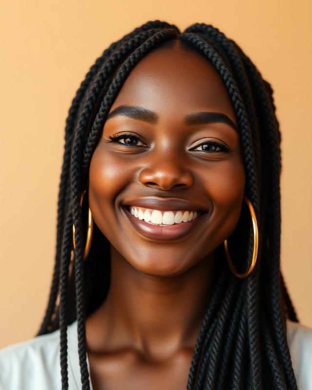 Woman with long braids and gold hoop earrings, beaming