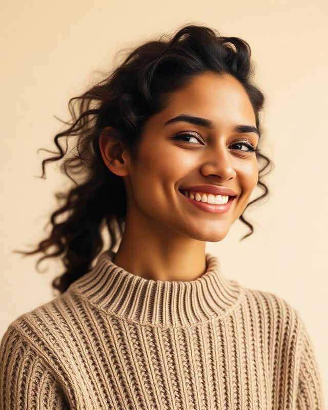 Woman with dark curly hair in a knit sweater, smiling gently