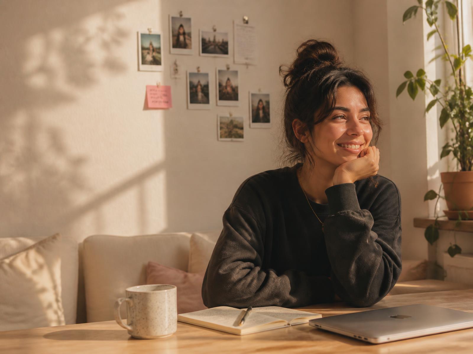 A smiling woman resting her chin on her hand at a sunlit table beside a wall of polaroid photos