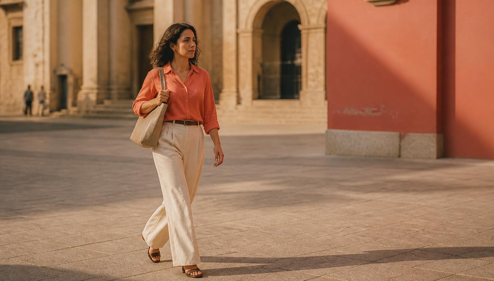 A woman walking across a sunlit city plaza